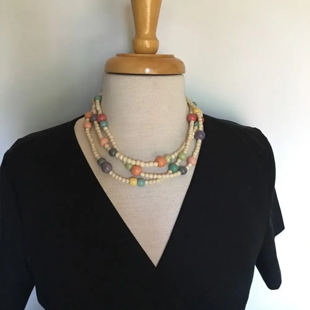 80s style cream and pastel beaded multi-strand necklace